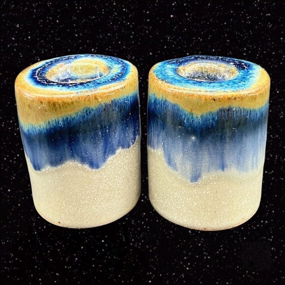 Vintage Drip Graze Candle Stick Holder Set Studio Pottery Brown Blue 3”T 2”W - Picture 1 of 12
